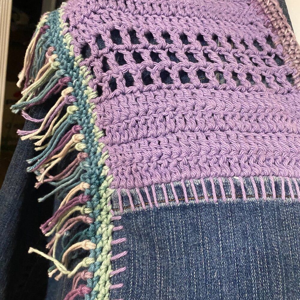 Upcycled Denim and Cotton Yarn Scarf, BOHO, Hippie, One of a Kind Scarf - Picture 4 of 6